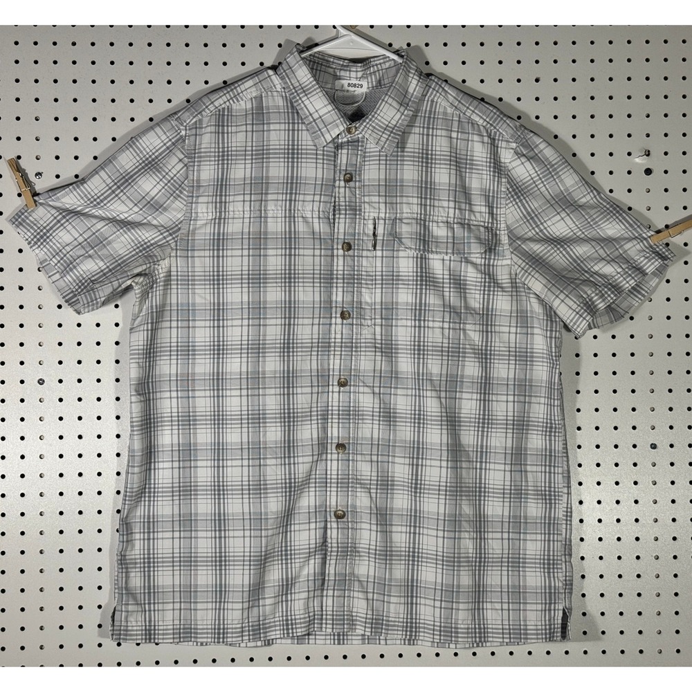 Eddie Bauer Mens XL Grey White Plaid Short Sleeve Hiking Button Up Shirt